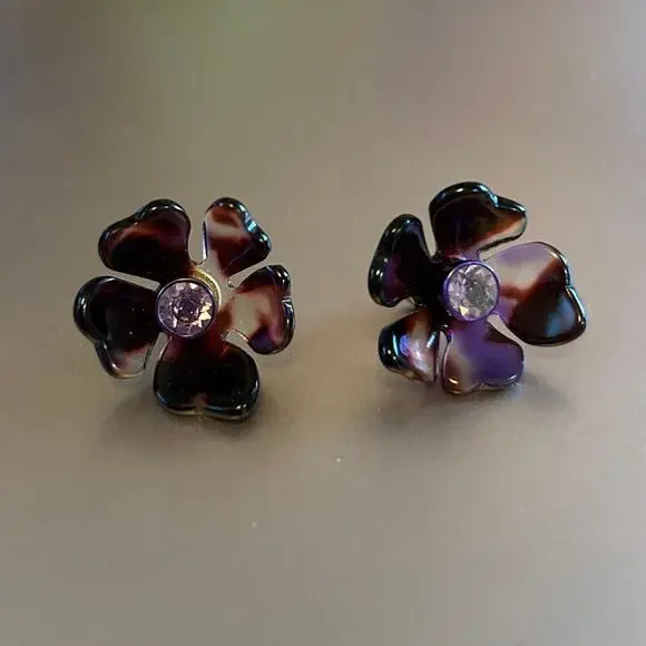 Pre-Owned Kate Spade gold tone purple crystal flower stud earrings - Picture 1 of 5